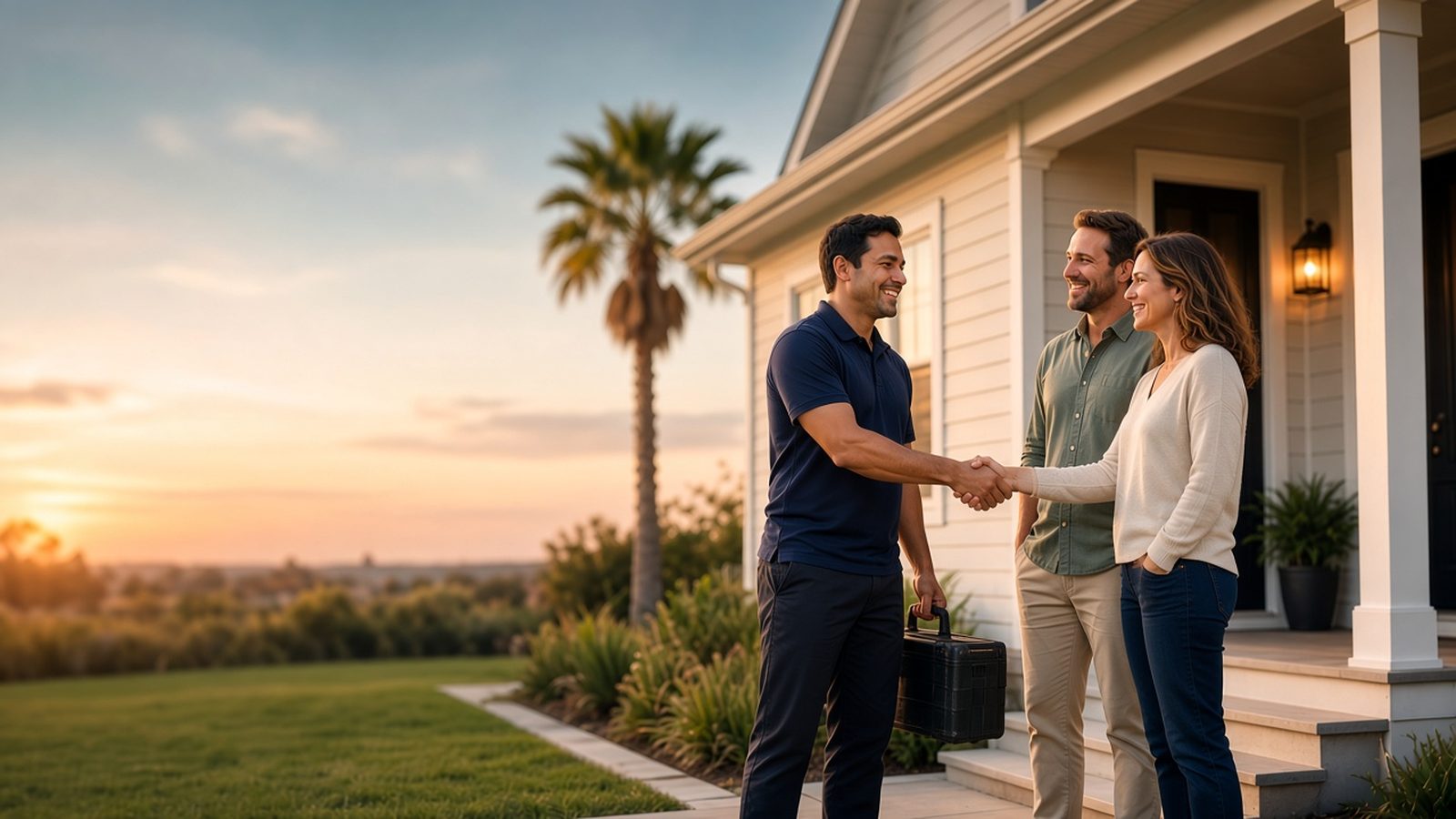 Home repair pro greeting homeowners at their front porch